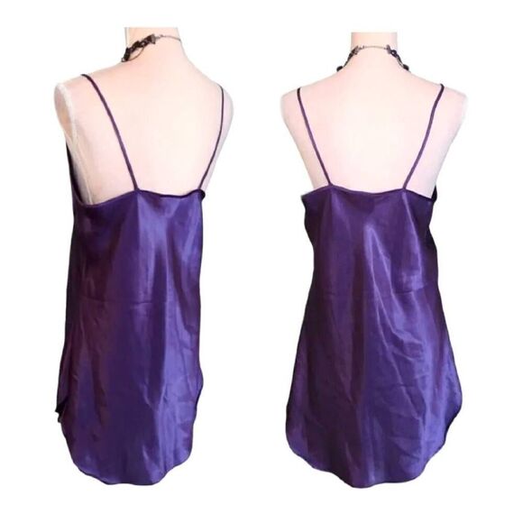 Vintage 80s Purple Satin Floral Applique Chemise Mini Slip Dress Medium - Picture 8 of 16